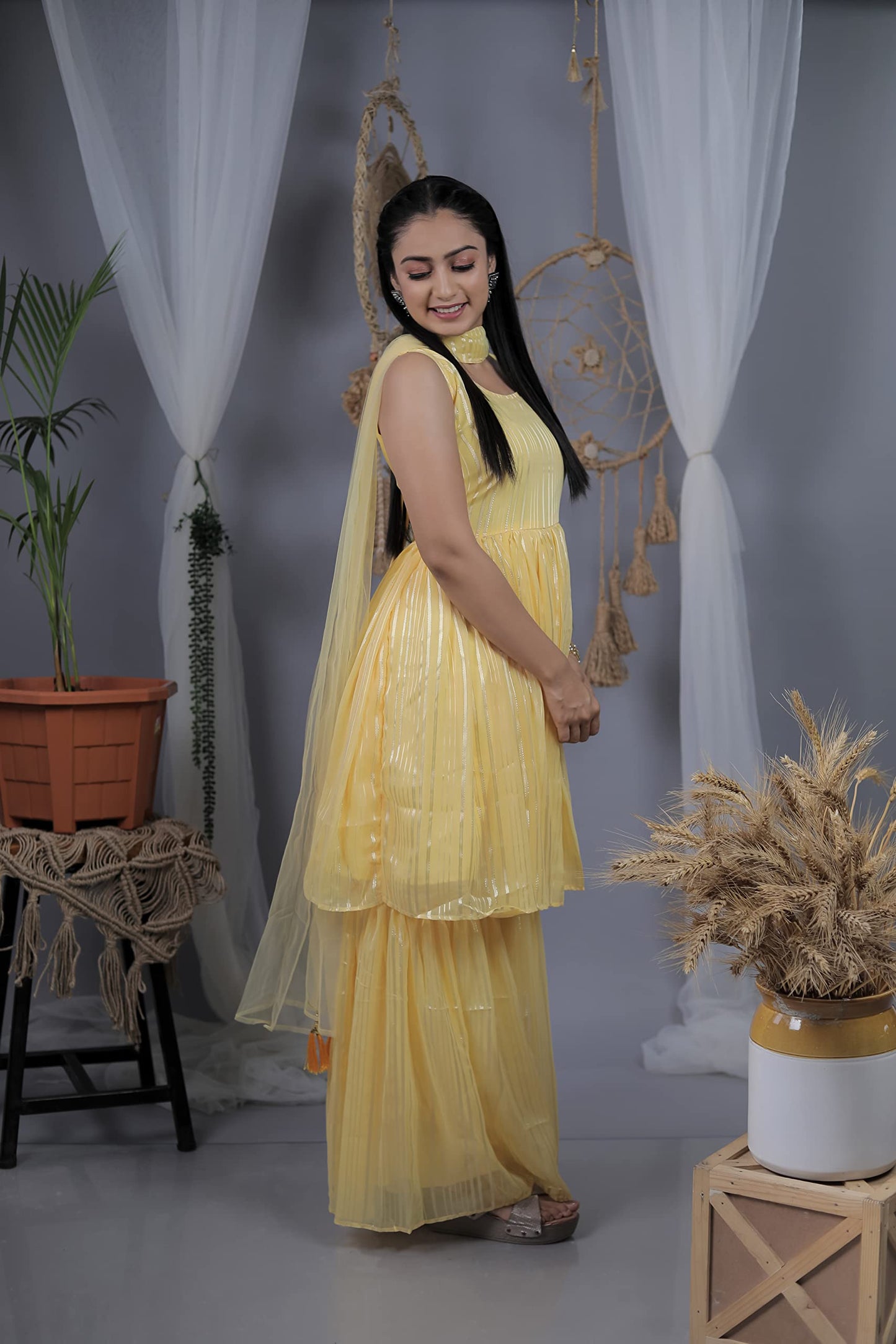 Sashay Boutique Women's Georgette Silk Blend Kurta Sharara and Dupatta Set/Readymade Kurta Sharara Dupattta Set (X-Small, Yellow)