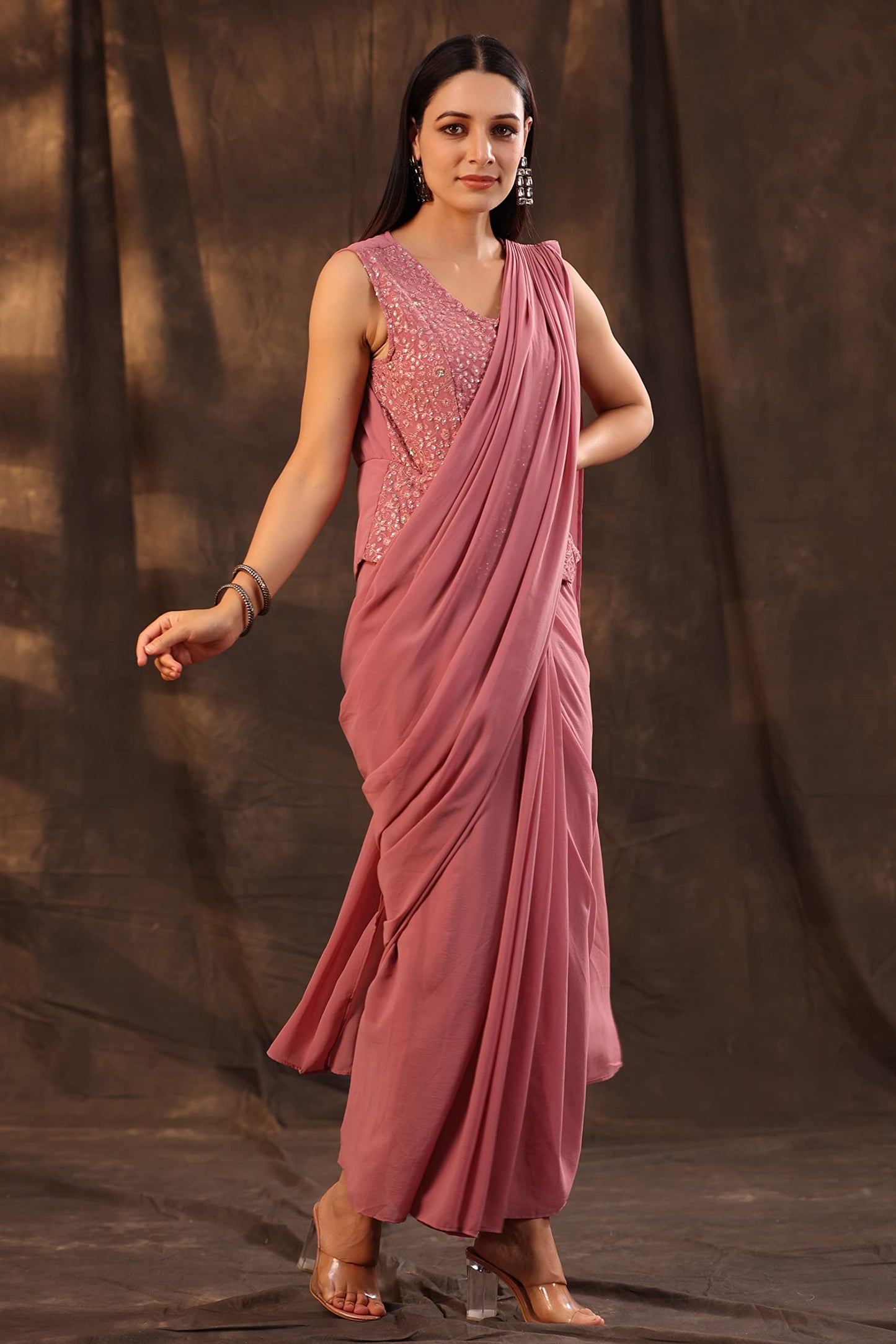 Juniper Women's Georgette Saree Style Dress (Rosegold, X-Small)