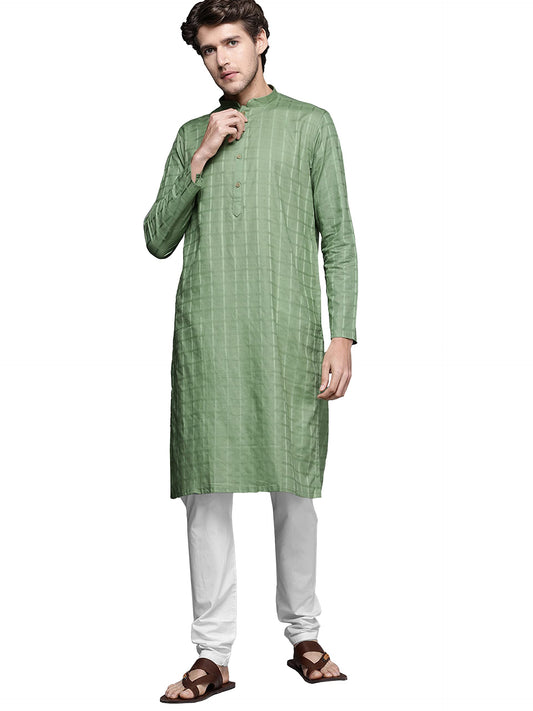 Manyavar Kurta Set for Men, Full-Sleeves Mandarin Collar Ethnic Kurta Set for Engagement, Wedding, Party Solid Kurta Set Blended Cotton (Green, XL)