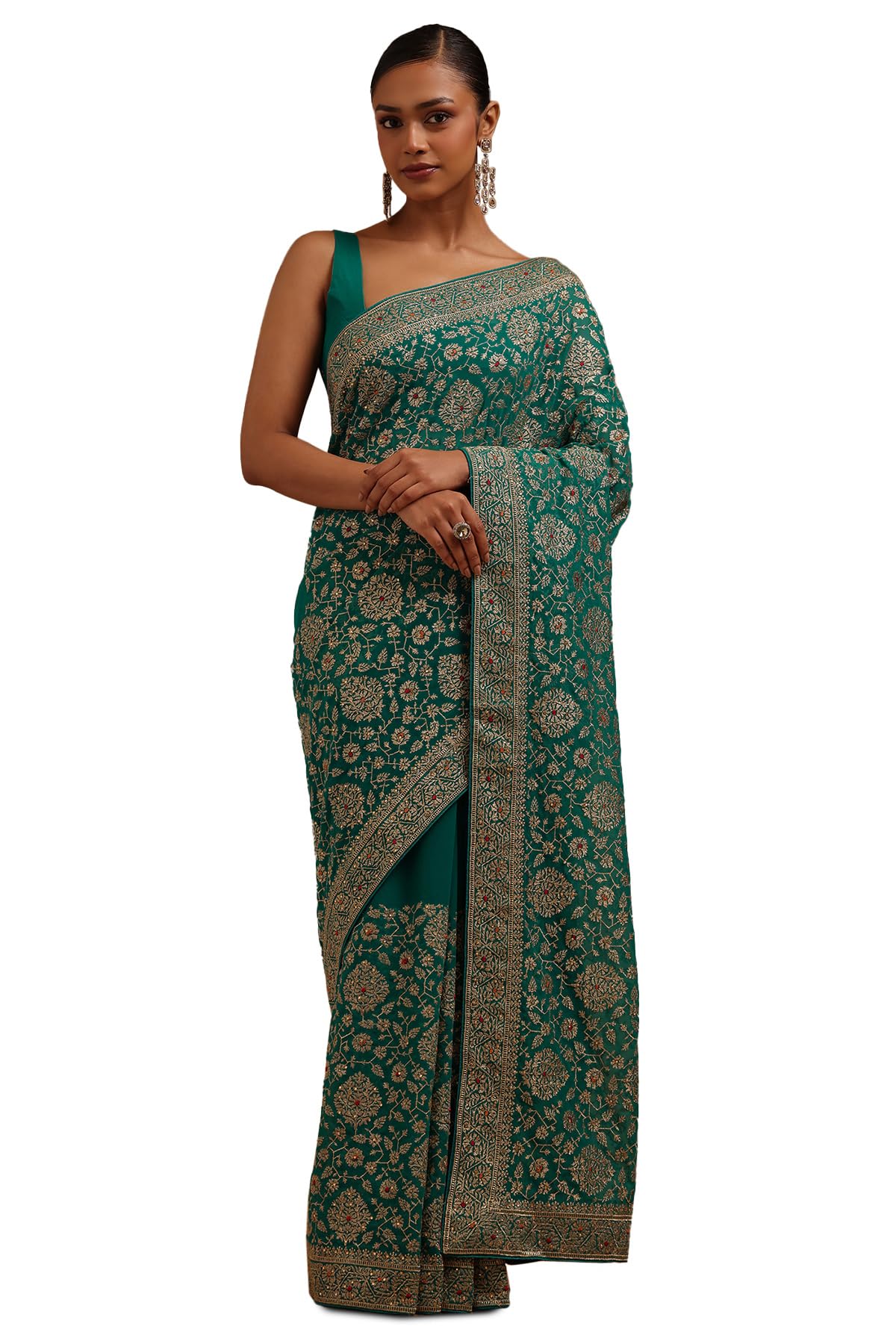 Soch Womens Turquoise Blue Georgette Embroidered Saree With Stone Work