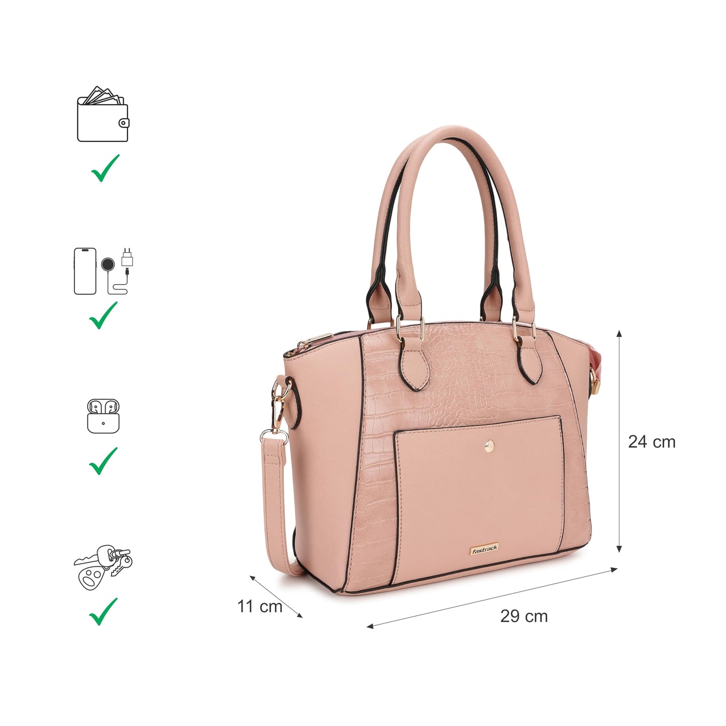 Fastrack Croco Textured Structured Satchel with Detachable Sling Strap for Women, Girls and Ladies | Fits Upto 11" iPad or Tablet | Made of Premium Faux Leather | Ladies Purse Handbag