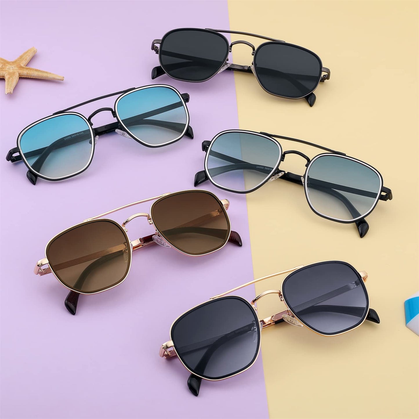 FEISEDY Women Men Square Aviator Sunglasses Gradient Lens Retro Small Metal Shades B2953 (55) (002 Golden Frame & Brown Gradient Lens)