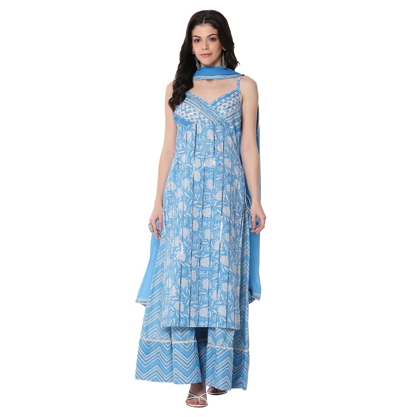 BIBA Women Blue Cotton Floral Strappy Straight Kurta Set_34