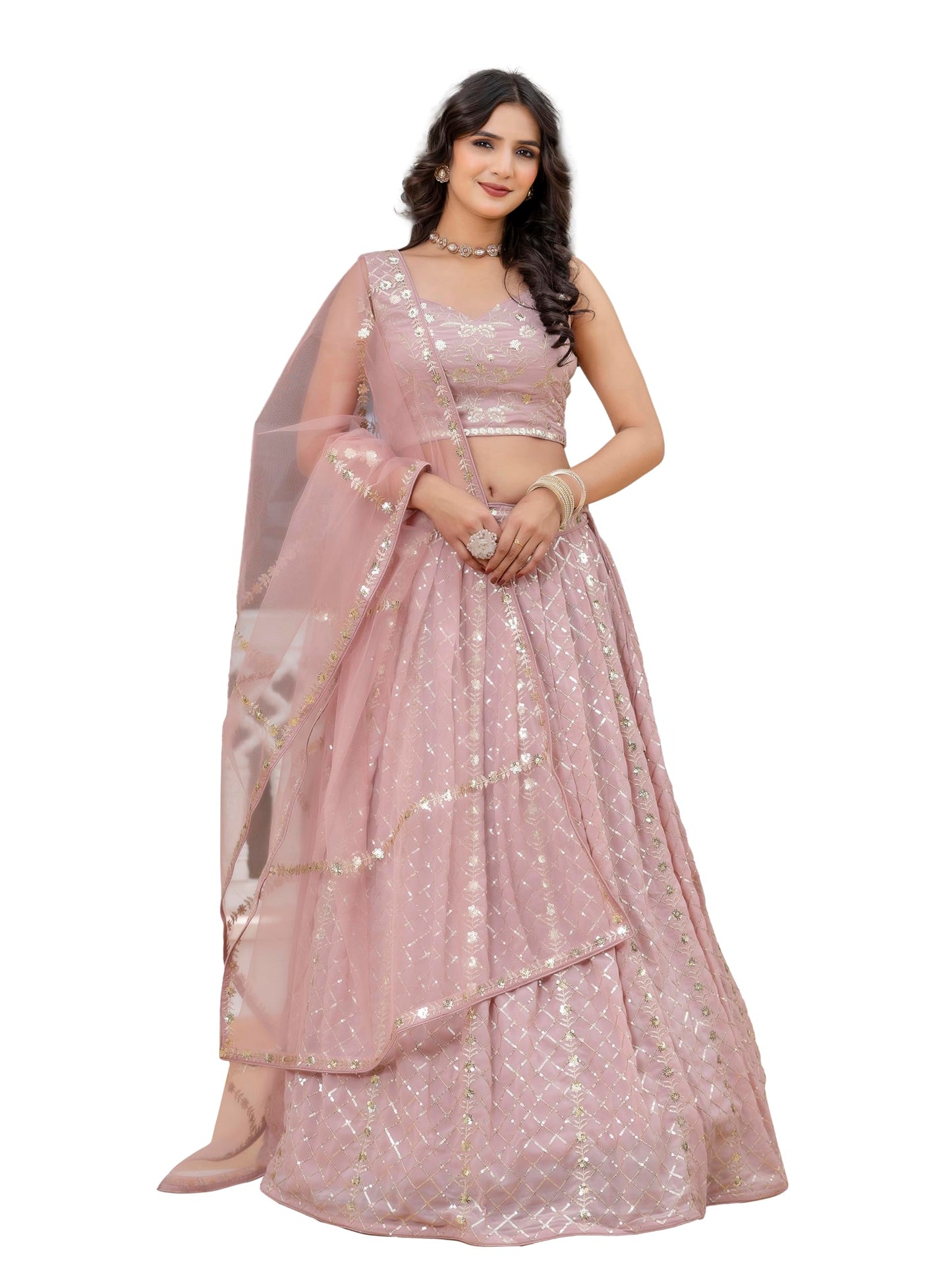 TRENDMALLS Women's Georgette Sequin Embroidery Work Lehenga Choli with Dupatta For Women (L300-LightPink-Semi-Stitch)
