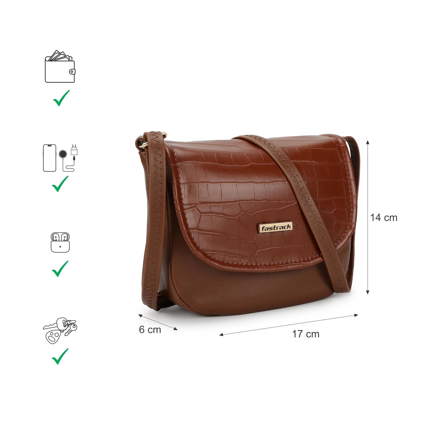 Fastrack Women’s Spacious Croc-Textured Party Sling Bag (Tan Brown)