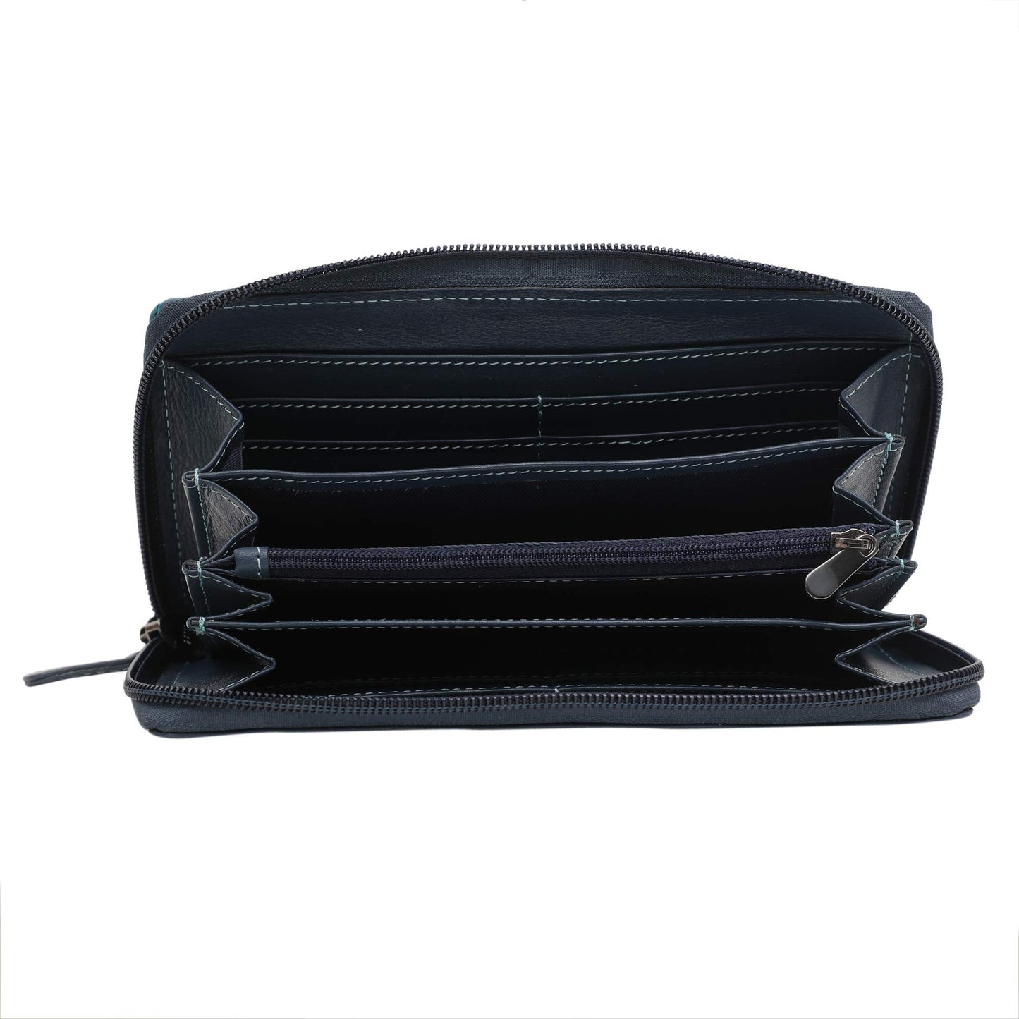 Women's Genuine Leather wallet-Long Purse Wallet with Multiple Card Slots, Zip Pocket and Note Compartment (Blue-Multi)
