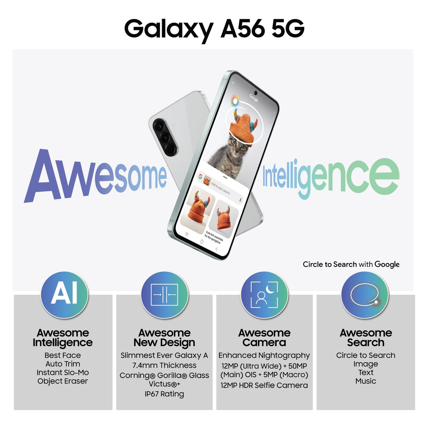Samsung Galaxy A56 5G (Awesome Light Gray, 8GB, 256GB) | Awesome Intelligence: Circle to Search, Intelligent Editing | Awesome 6 OS & 6 Years Security Updates | IP67