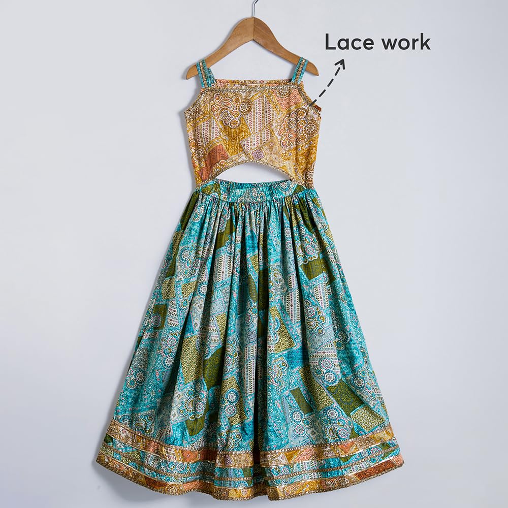 Hopscotch Girls Sleeveless Blue 2-Pc Lace Embellished Cotton Lehenga Choli Set For Ages (6-12 Months)