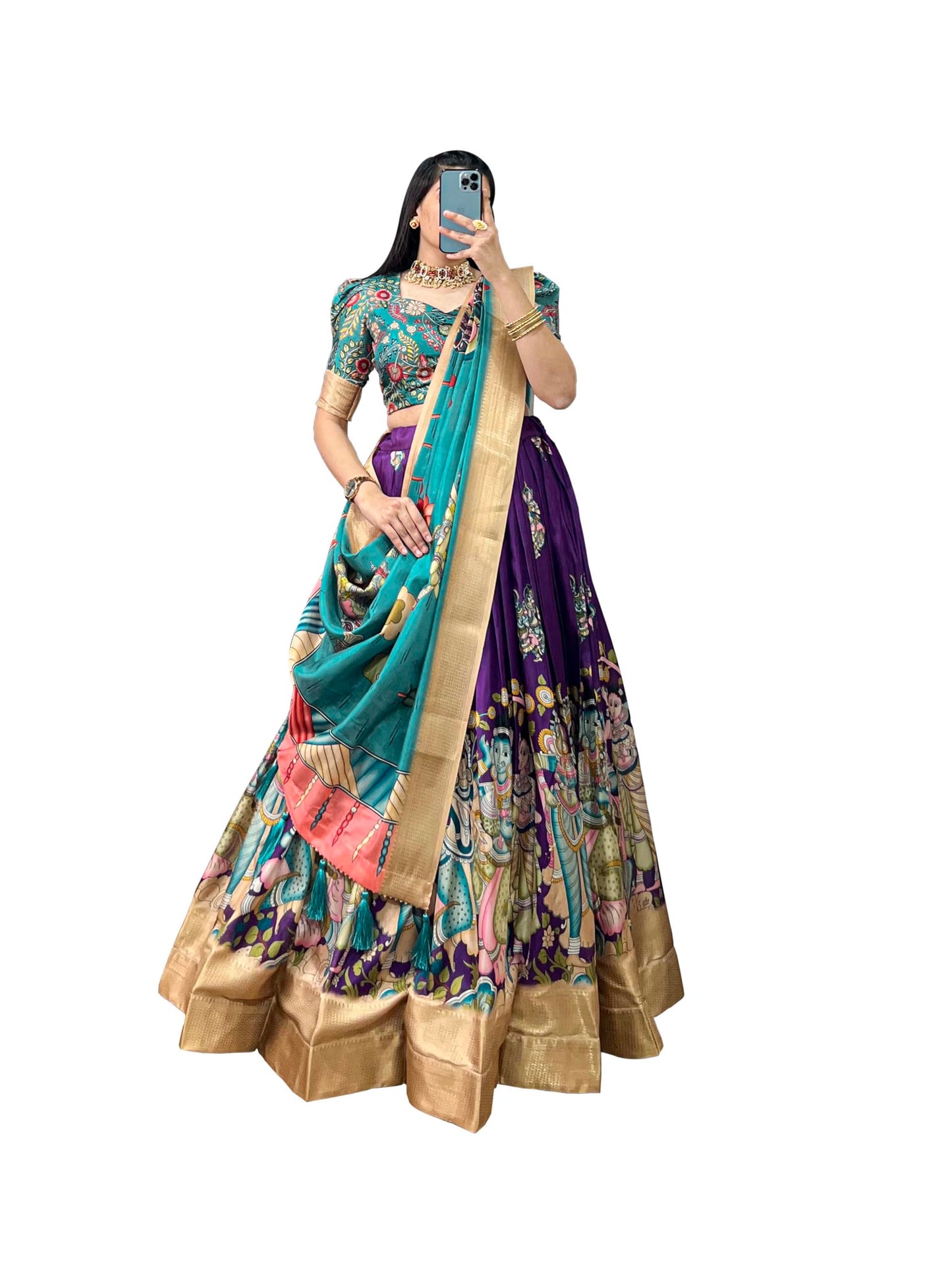 LooknBook Art Women's Floral Pattern Cotton Dola Silk Lehenga Choli Dupatta Set with Unstitched Blouse Piece and Zari Weave Type