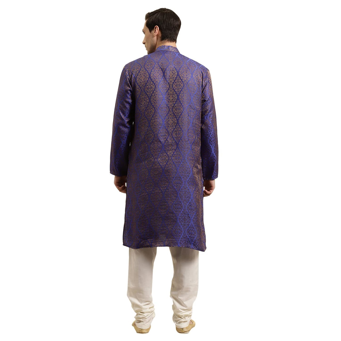 SOJANYA (Since 1958 Men's Jacquard Silk Blue & Gold Kurta & Off-White Churidar Pyjama Set Size 42