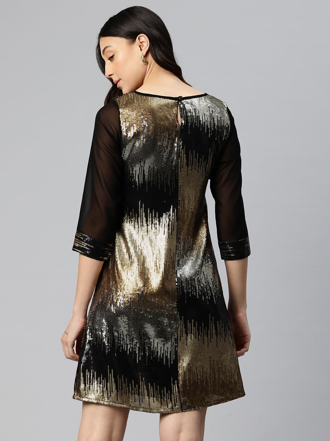 Cottinfab Women Black & Gold-Toned A-Line Sequinned Dress