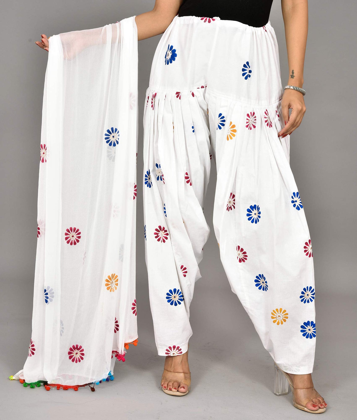 Women's Regular Fit Cotton Casual Style Patiala And Dupatta Set (V_Sal_Dup_Blue_Blue, White_Free Size) Patialas