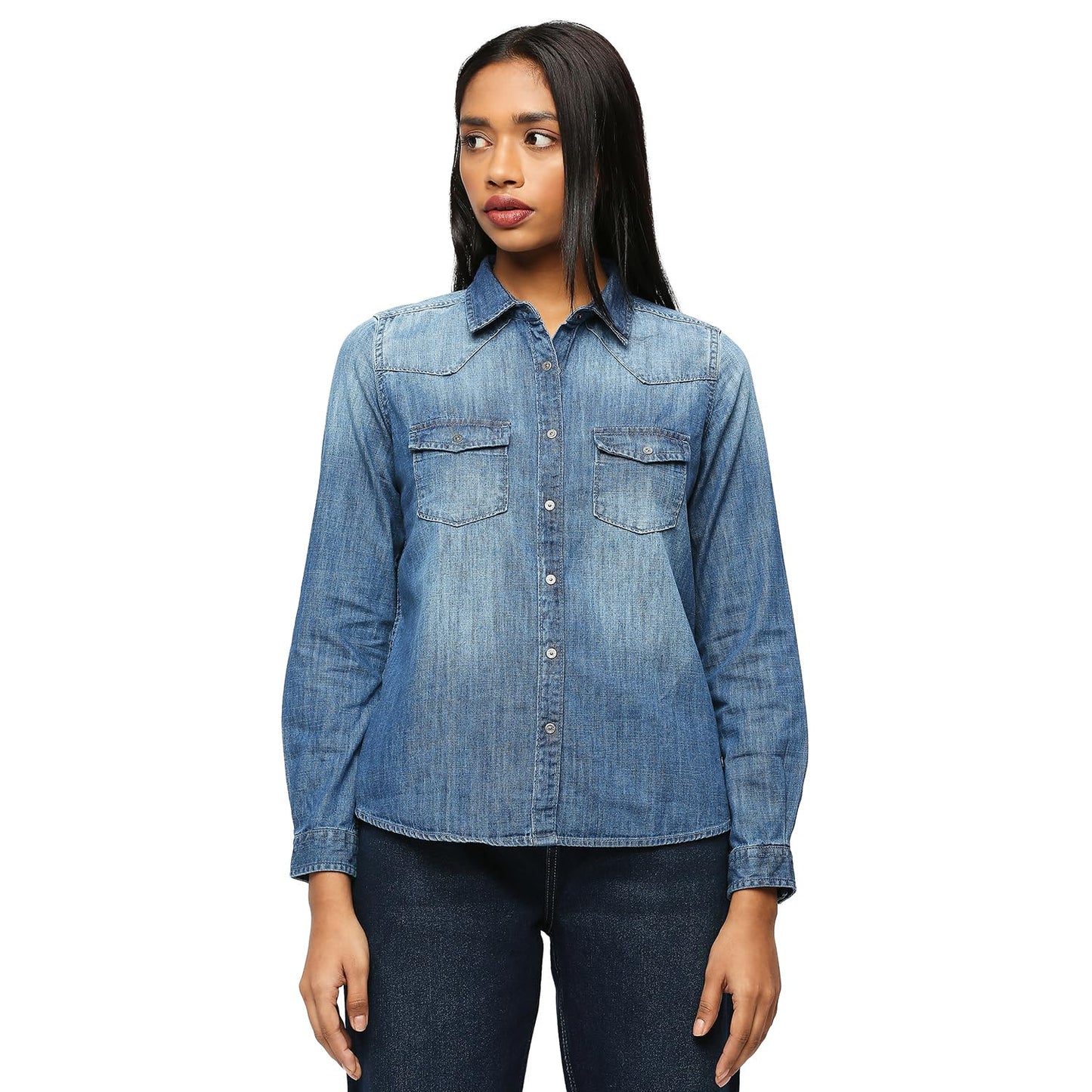 Pepe Jeans Women's Solid Regular Fit Shirt (PL304772CA0_Dark WASH_Mid Indigo Blue
