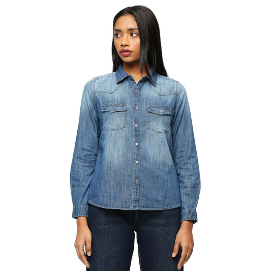 Pepe Jeans Women's Solid Regular Fit Shirt (PL304772CA0_Dark WASH_Mid Indigo Blue