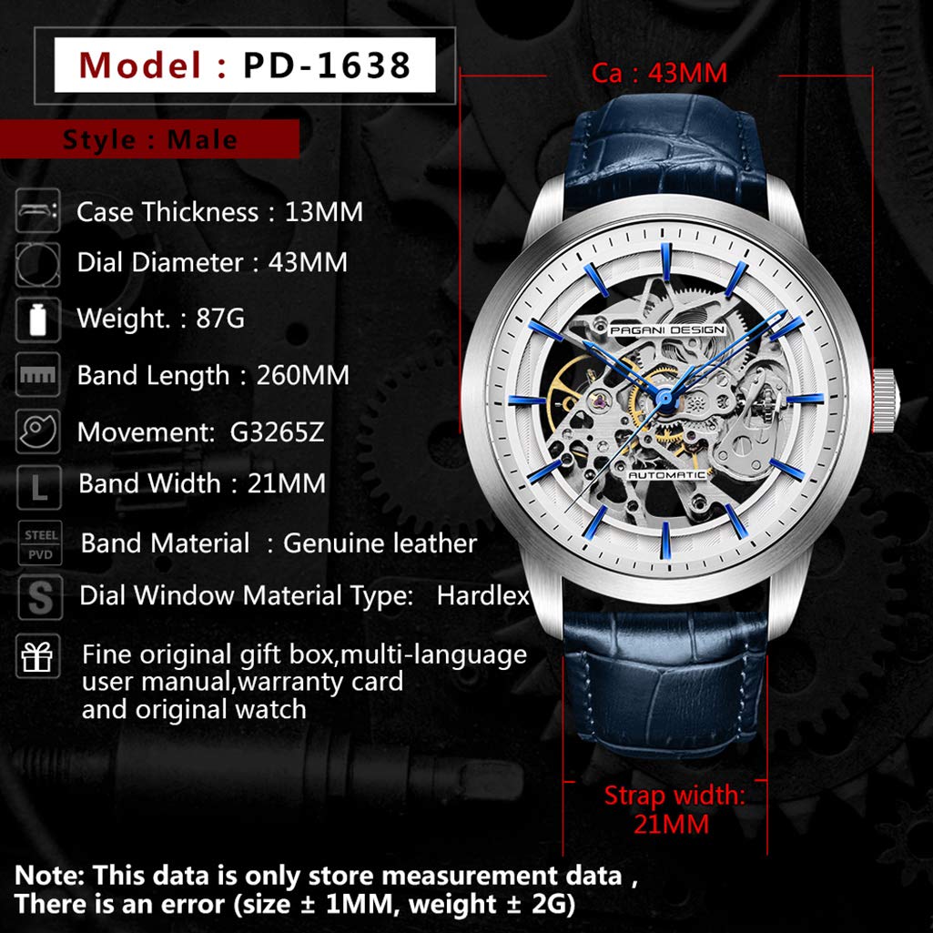 Pagani Design Automatic Mens Watches Skeleton Mechanical Wrist Watch For Men Waterproof Genuine Leather Watchband Luxury Self-Winding Stainless Steel Analog Watch Collection (Blue Silver 1638)