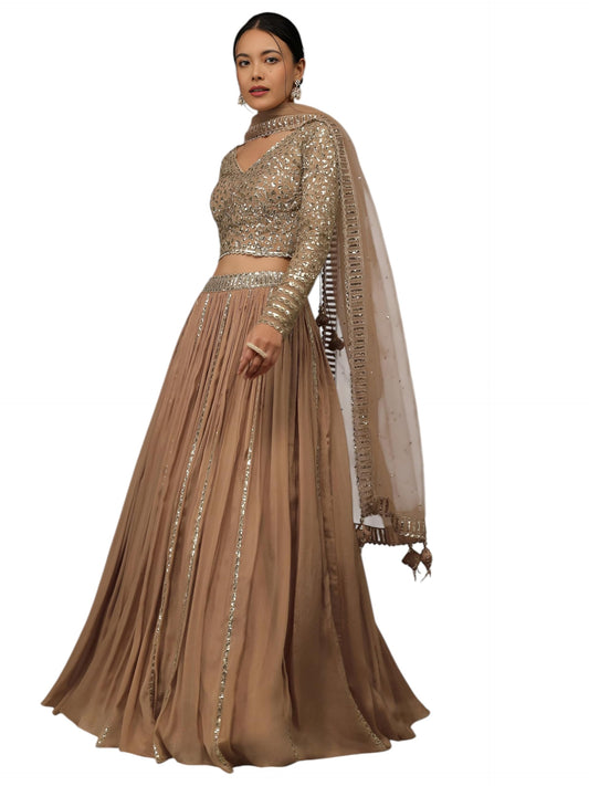 Zeel Clothing Women's Georgette Semi-stitched Sequins Zari Embroidered Lehenga Choli With Dupatta (7090-Beige--Lehenga-Choli-Latest; Free Size) (Beige)