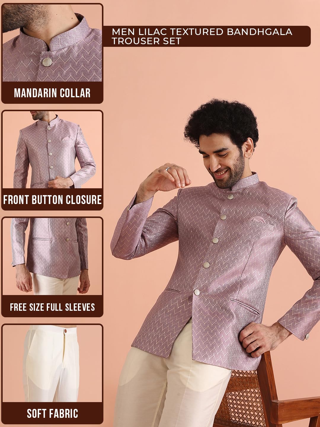 KISAH Men’s Bandhgala & Trouser Set – Textured Silk Blend Jacquard Ethnic Suit for Men – Regular Fit Wedding & Festivals – Dry Clean Only, Lilac, 40
