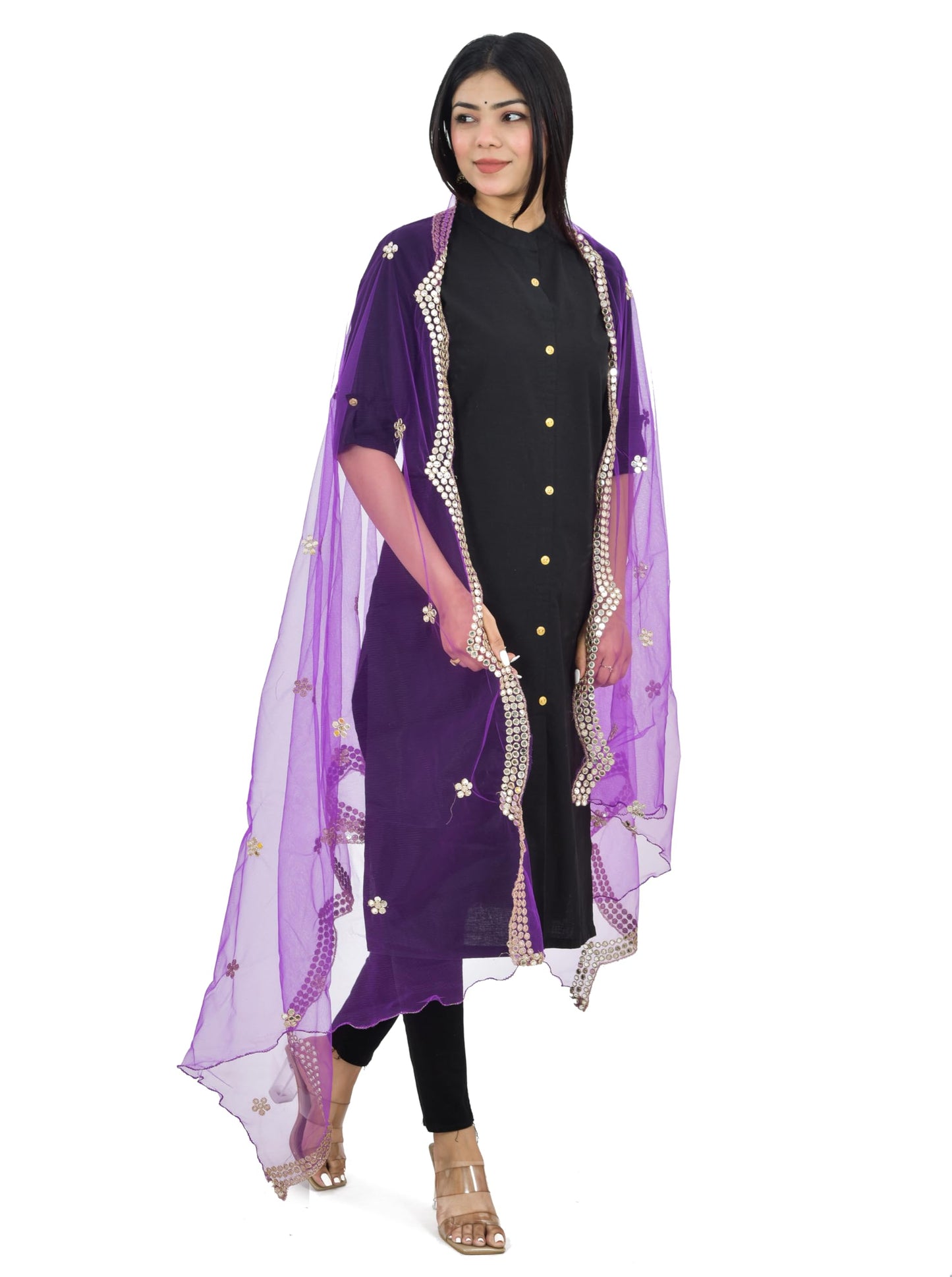 YOUTHQUAKE Embellished Mirror Half Curve Trendy Design Soft Net Dupatta for Womens & Girls (Purple)