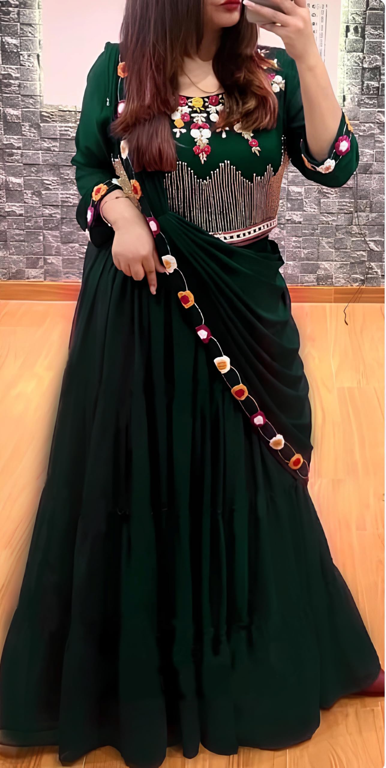 SHYAMLATA Women's Embroidered Georgette Green Crop Top Semi-stitched Lehenga Choli For Women (Party-Wedding-Bridal-Festive; Free Size) (Green)