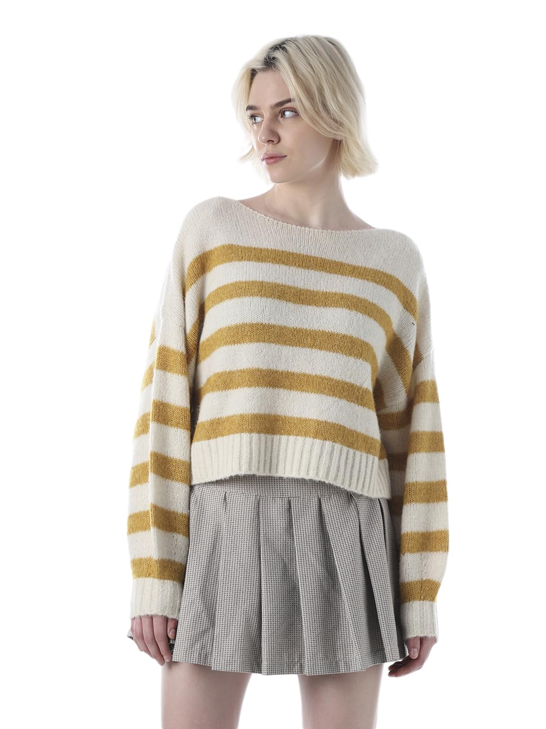 ONLY Women Striped Boat Neck Pullover with Fuzzy Detail
