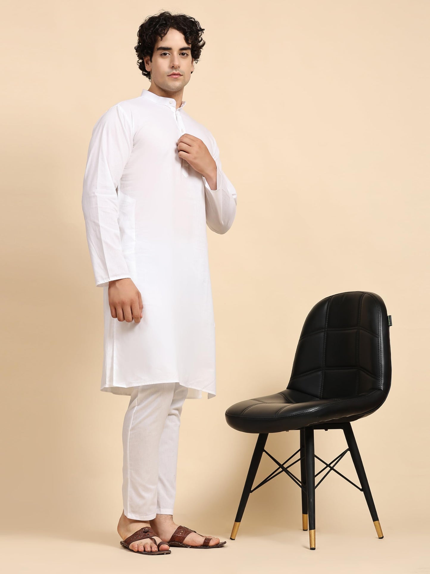SKAVIJ Cotton Men's Casual Kurta Pajama Set Regular Fit Traditional Dress Yoga Outfit White, Small