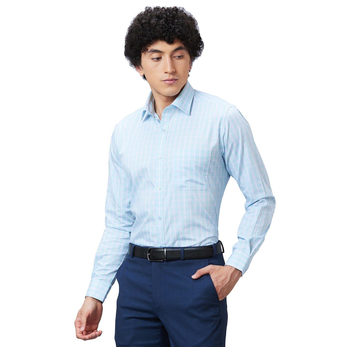 Raymond Men's Slim Fit Structured Formal Shirt - Pure Cotton, Full Sleeve, Semi Cutaway Collar | Medium Blue