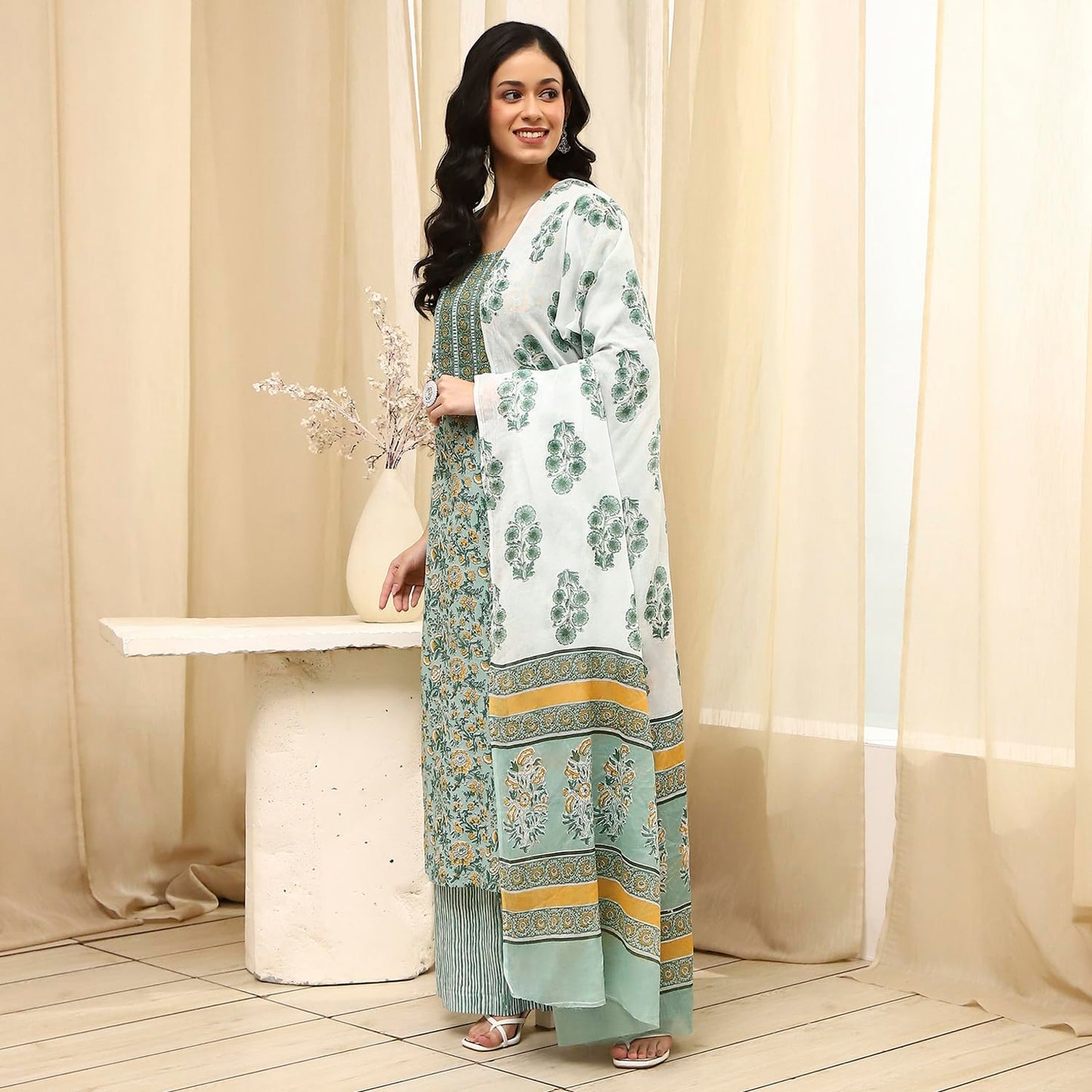 BIBA Women Green Cotton Screen Print Unstitched Suit Set_FREE SIZE