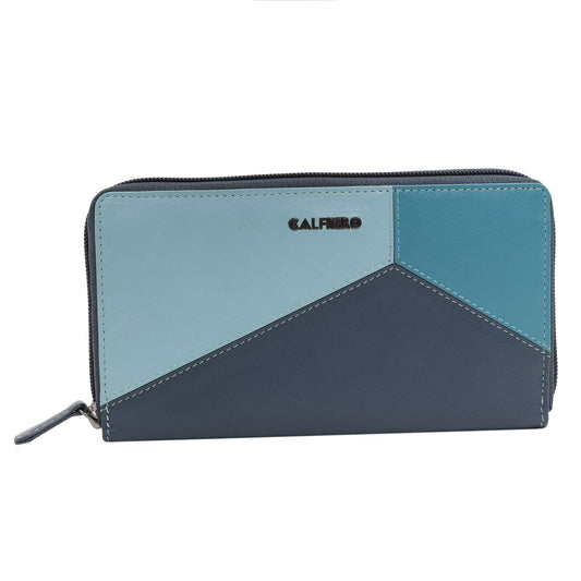 Women's Genuine Leather wallet-Long Purse Wallet with Multiple Card Slots, Zip Pocket and Note Compartment (Blue-Multi)