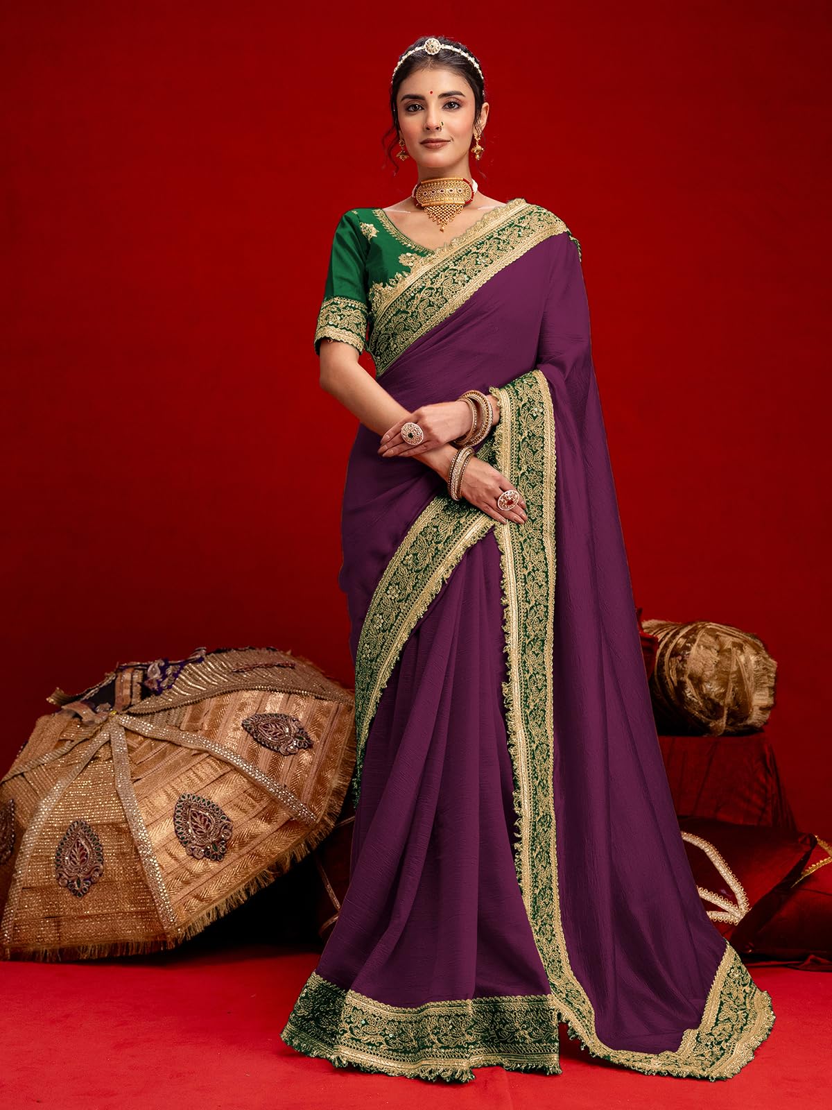 SIRIL Women's Vichitra Silk Sequins Embroidery Lace Saree With Unstitched Blouse Piece(5015S3584_Dark Purple)