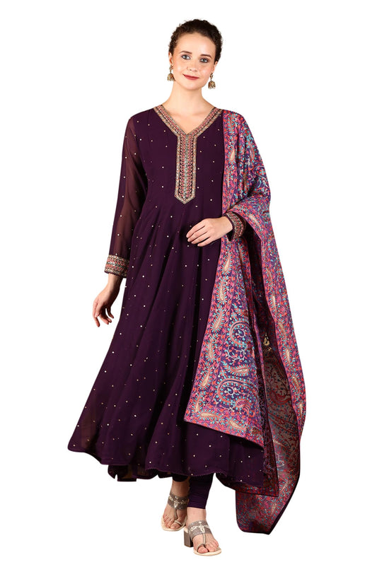 W for Woman Wishful Purple Thread Embroidered Georgette Anarkali Kurta, Churidar and Dupatta Set (Size: XL)-24AUSP10922-400556