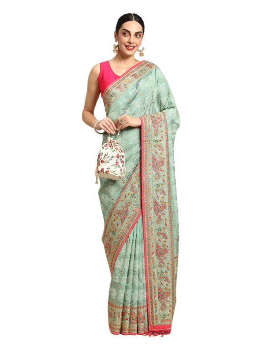 MOHEY Green Art Silk Mirror Embroidered Saree for Women