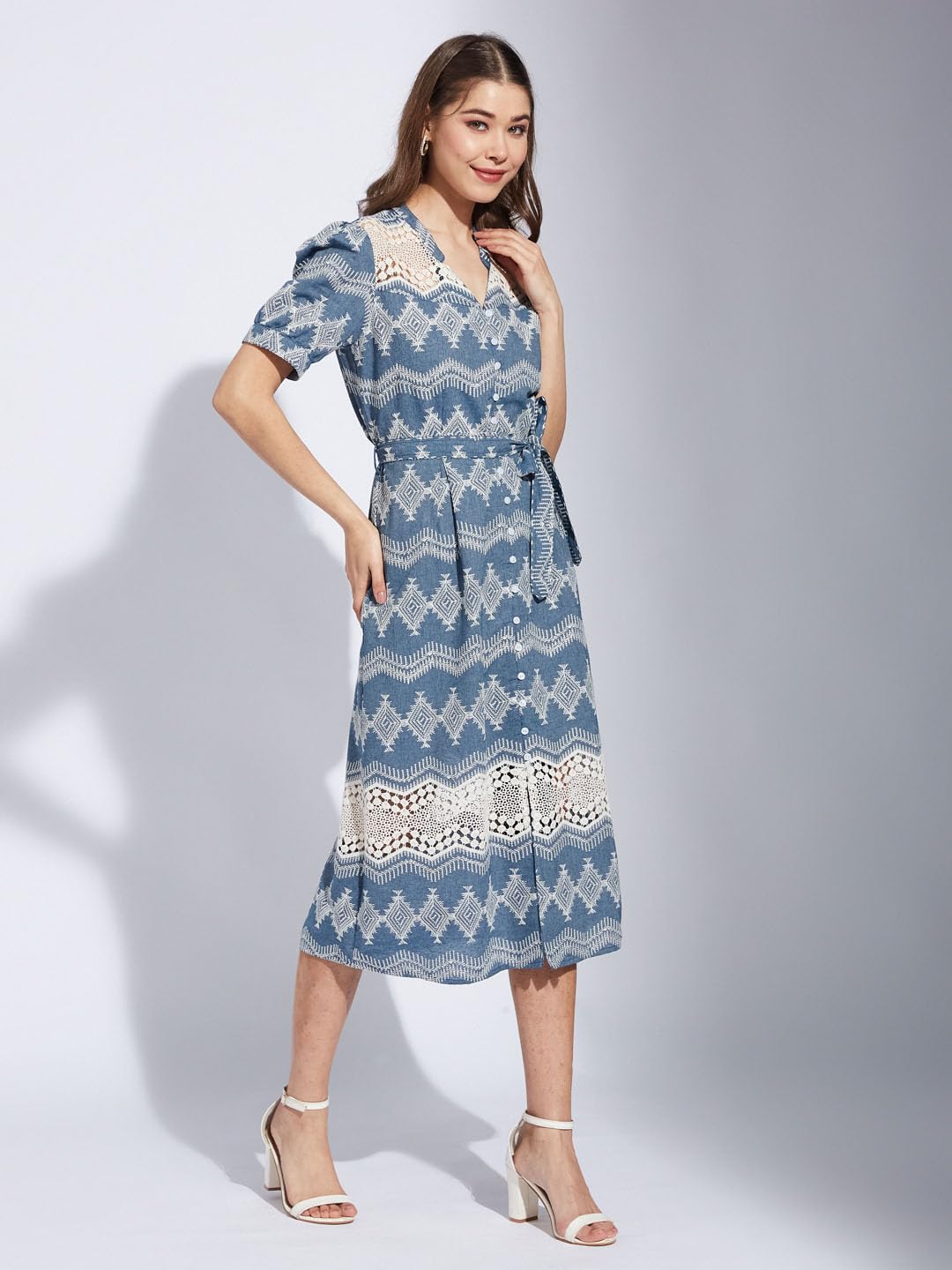 Latin Quarters Women Blue Collar Neck Half Sleeve Printed Shirt Dress_M