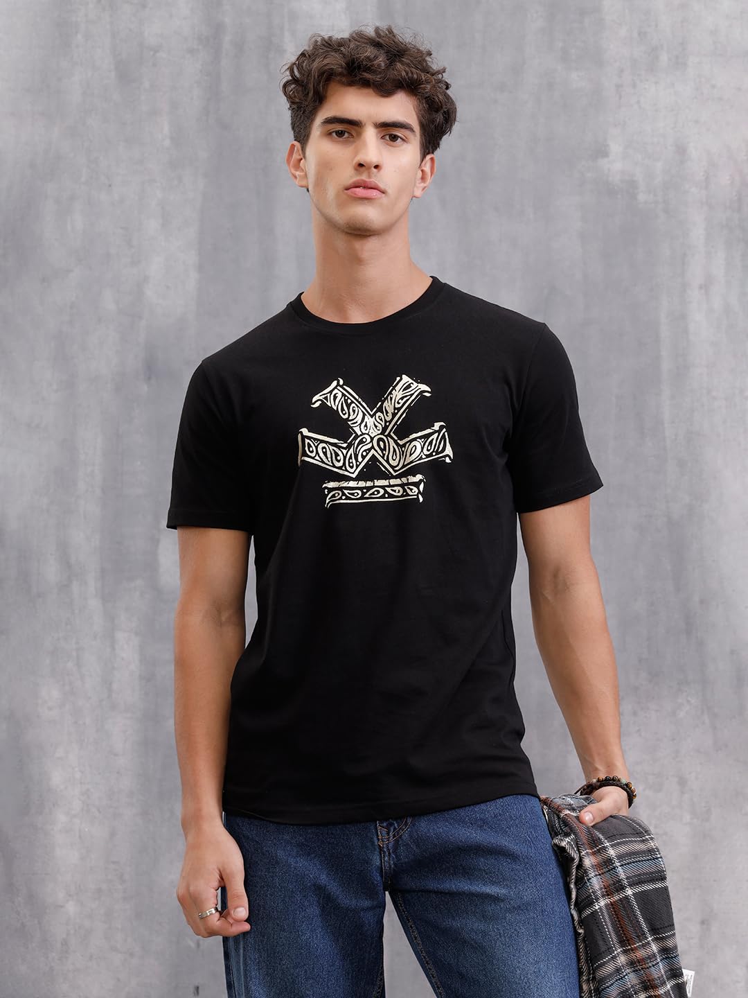 WROGN Men's 100% Cotton T-Shirt | Gold Foil Paisley Logo Print | Slim Fit | Black | M
