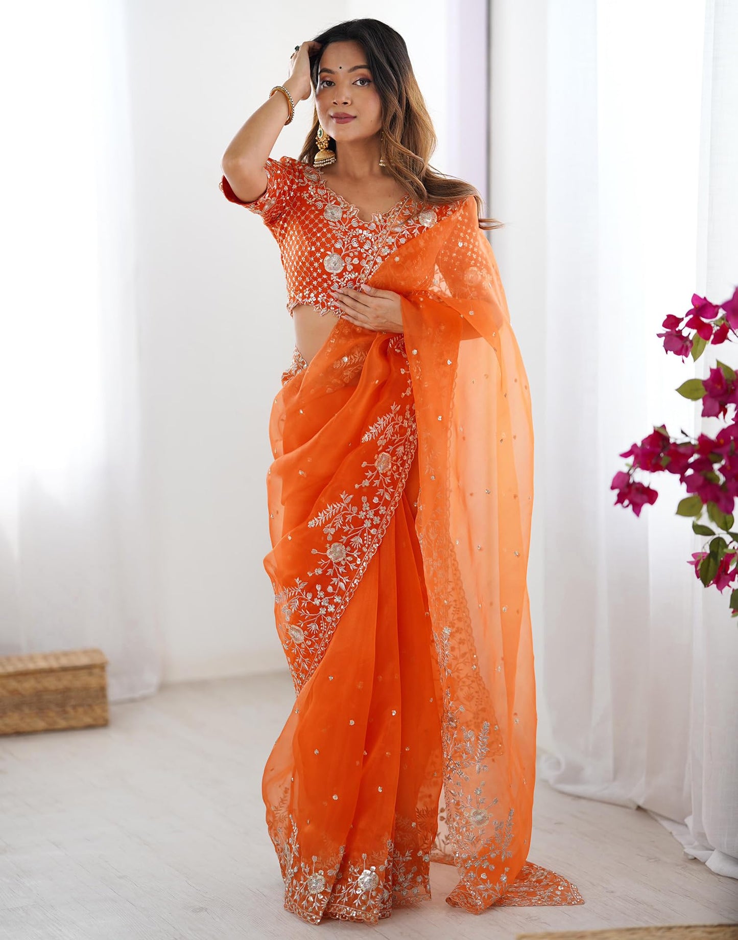SIRIL Women's Organza Sequence Embroidery Saree With Unstitched Blouse Piece (4472S116_Orange)
