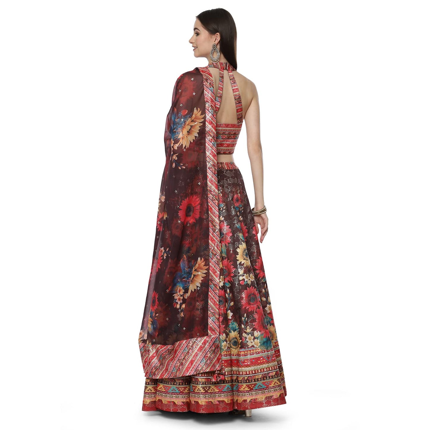 BIBA WOMEN PRINTED FLARED SALWAR KURTA DUPATTA(SKDASSORTED8199_CHOCO BROWN_38)