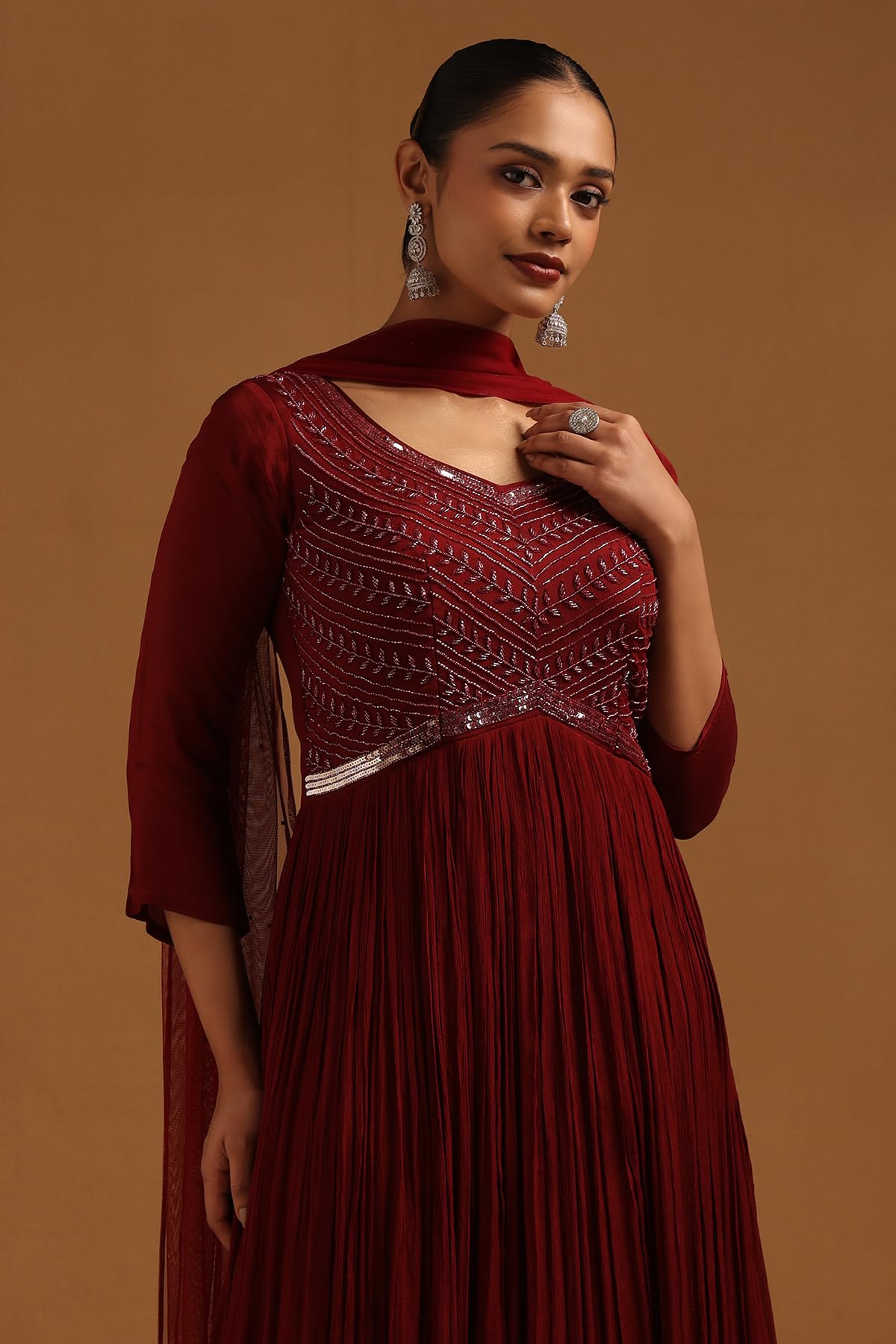 Soch Womens Maroon Chinon Embellished Gown with Cutdana