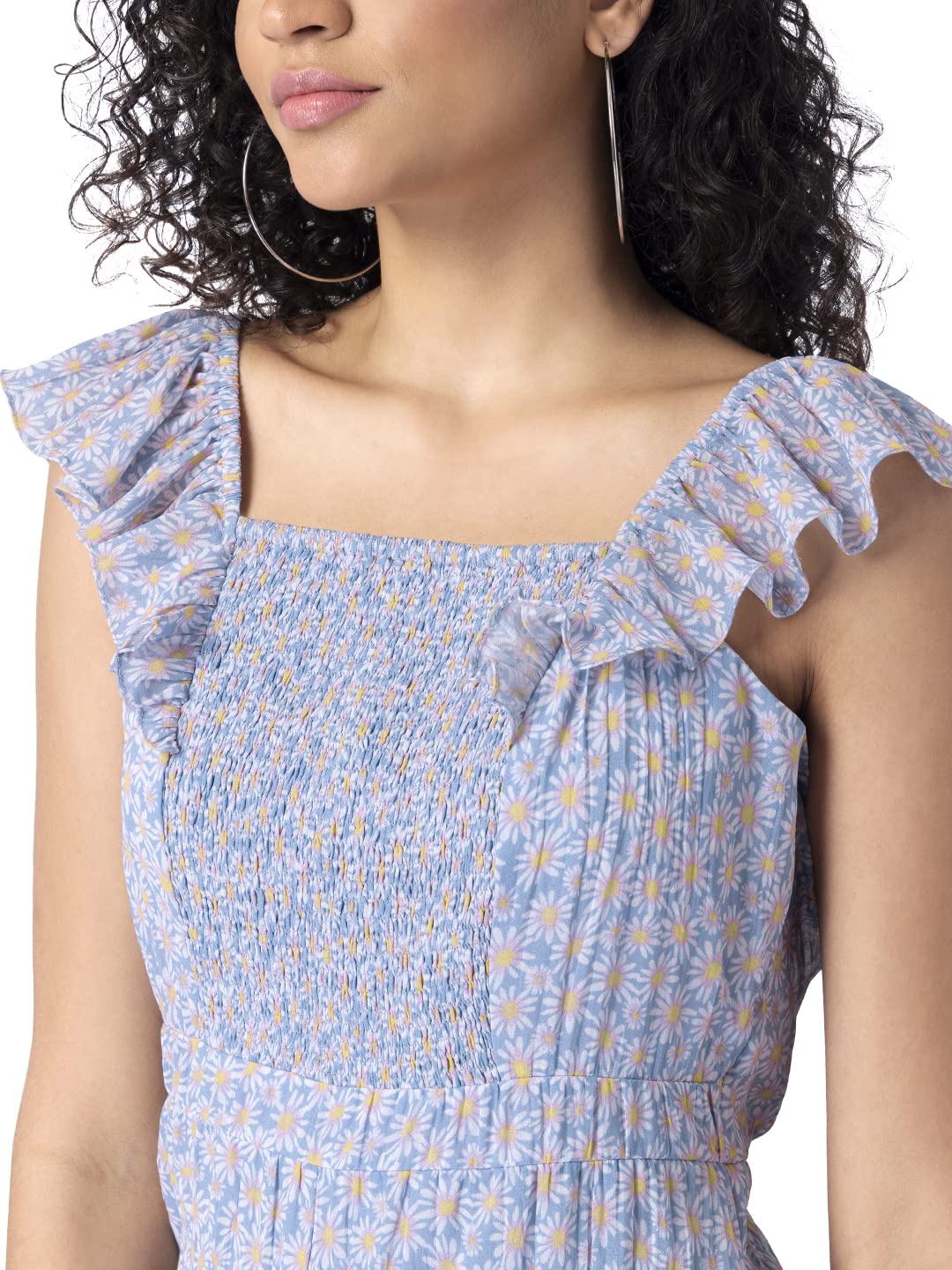 FabAlley Womens Powder Blue Floral Smocked Ruffled Playsuit Jumpsuits, Blue, XS