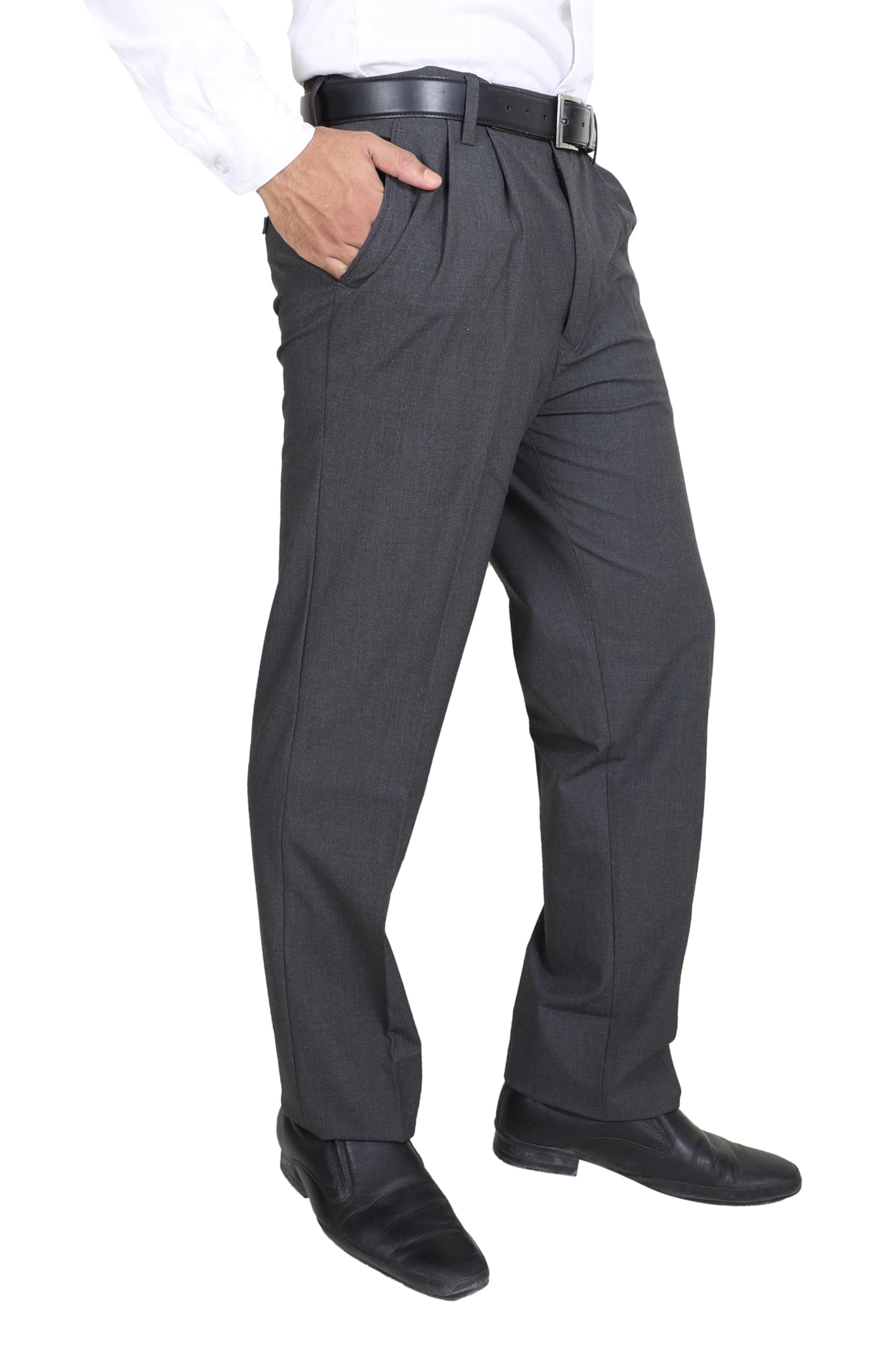 Particle Men’s Double-Pleated Regular Fit Formal Trousers – Textured Salt & Pepper Melange – Structured Cotton Blend Pants (Waist 32-46), Slate Melange Grey, 46