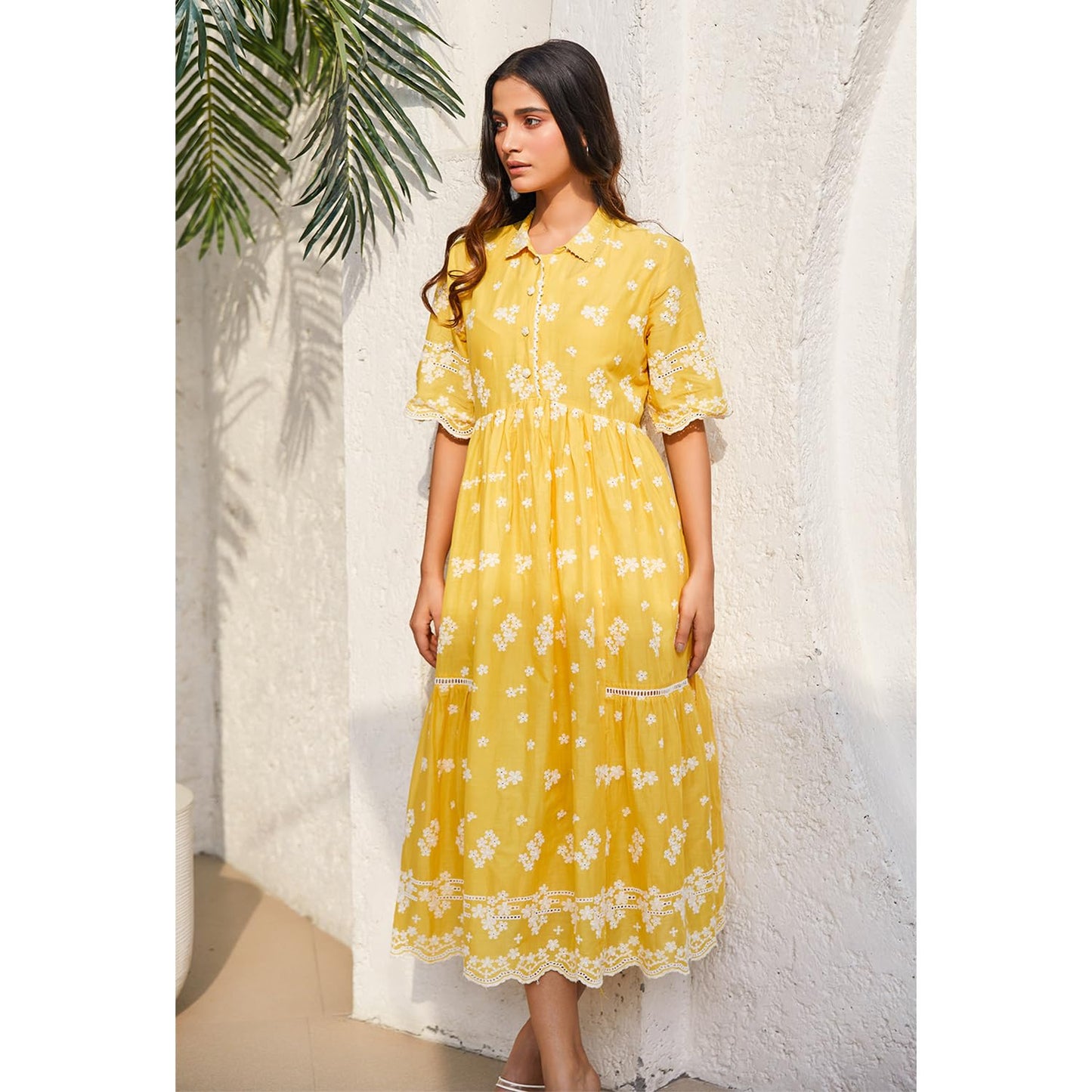 BIBA Women Cotton Tiered Printed Casual Dress Ankle Length CASUAL2404SS24YEL_Yellow, Large