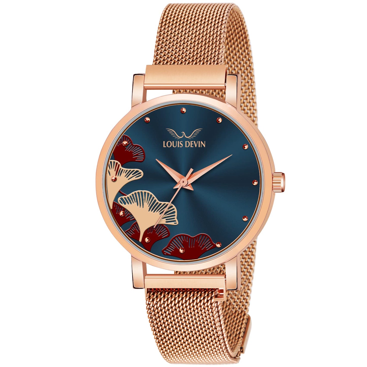 LOUIS DEVIN Rose Gold Plated Mesh Chain Analog Wrist Watch for Women (Blue Dial) | LD-RG162-BLU