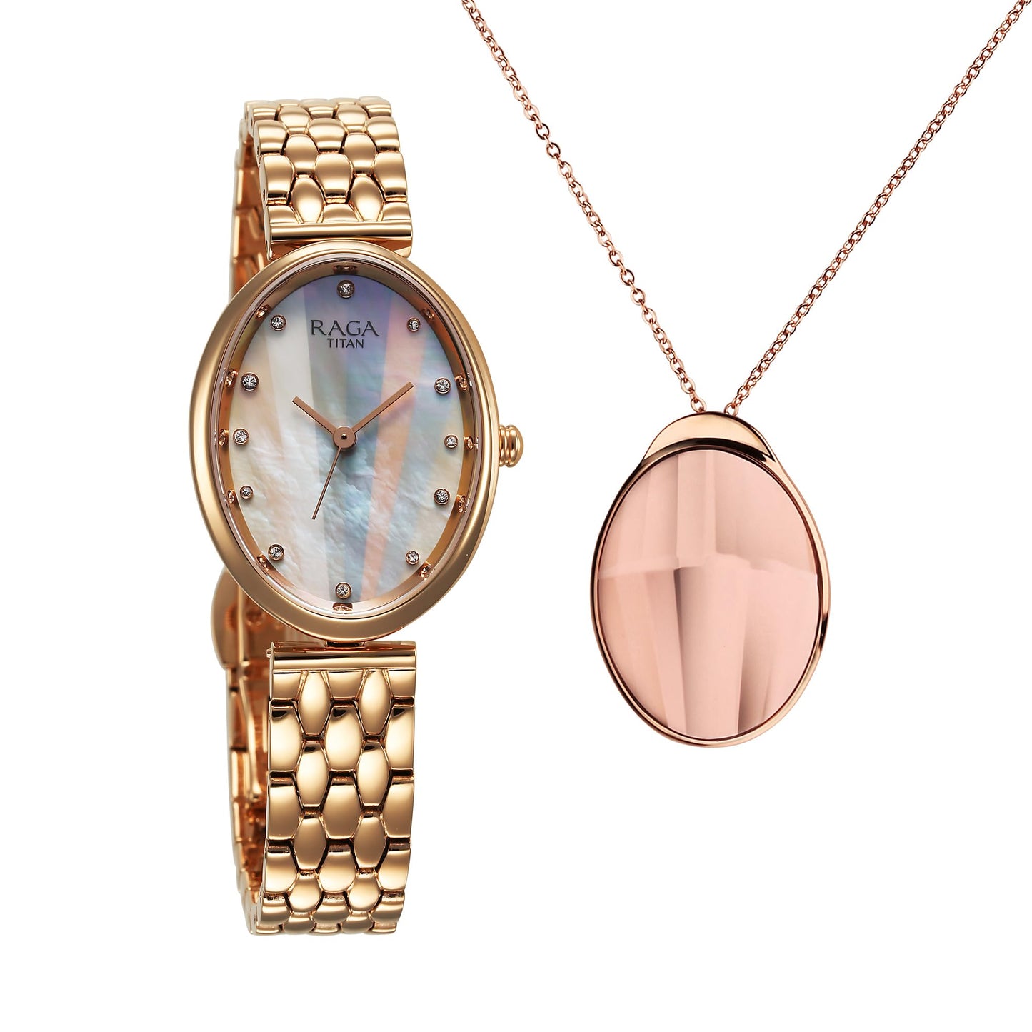 Titan Raga Memoirs Quartz Analog Mother of Pearl Dial with Rose Gold Metal Strap Watch for Women/NT95258WM01F