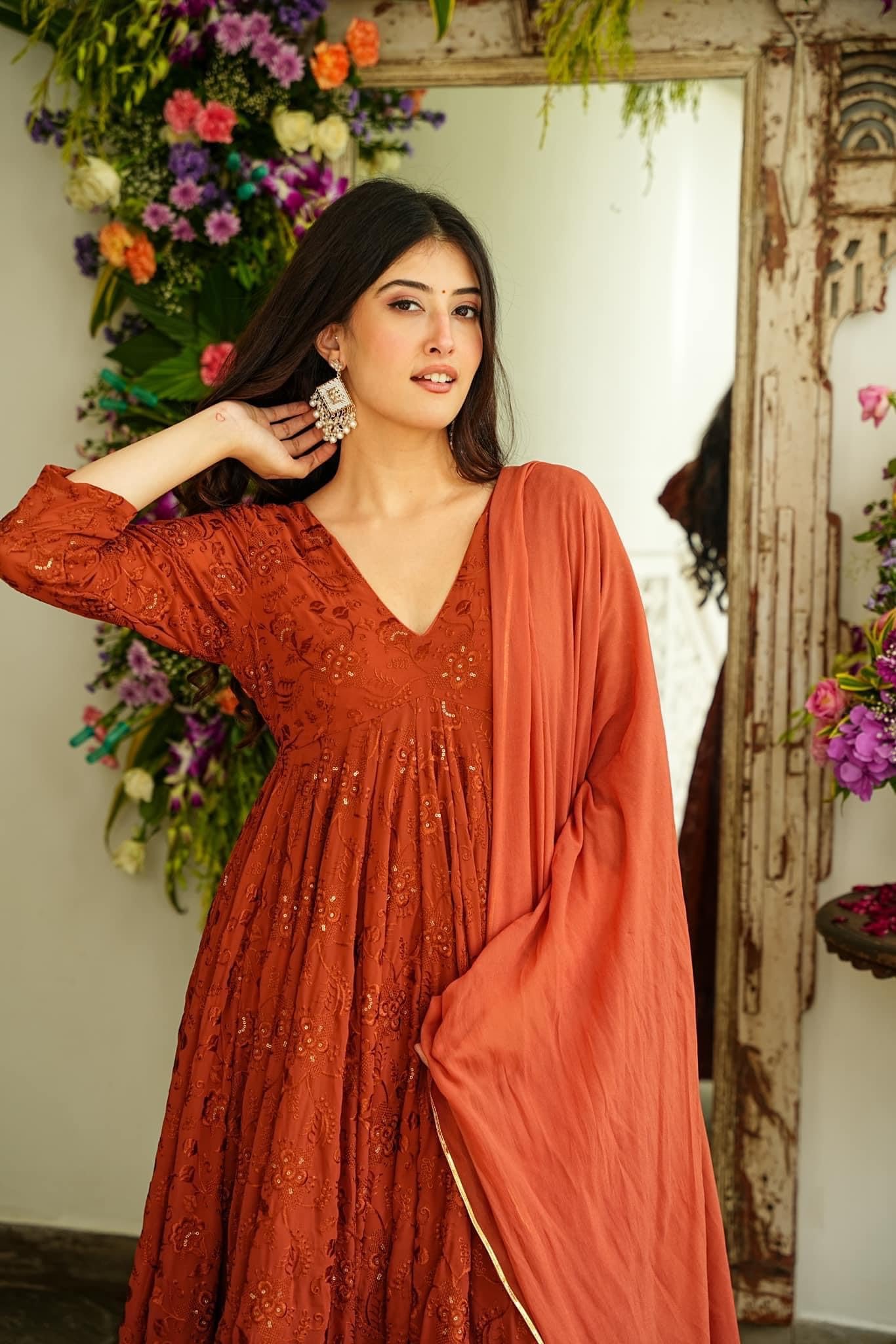 ESTELA Women Embroidered Anarkali Kurta Pant With Dupatta Set, Rust Orange, Indian (Medium)