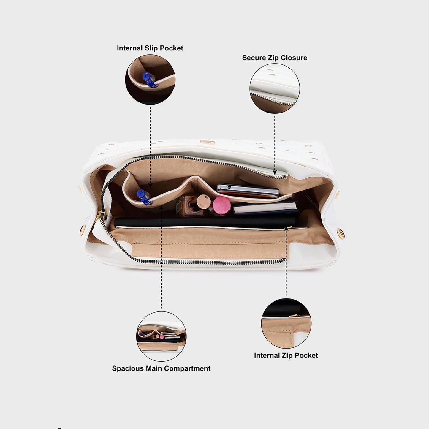 Caprese Cheryl Satchel Bag, Large | Stylish Quilted Handbag for Women with Multiple Compartments & Adjustable & Detachable Sling Strap | Secure Zip Closure| Perfect for Casual & Daily Essentials