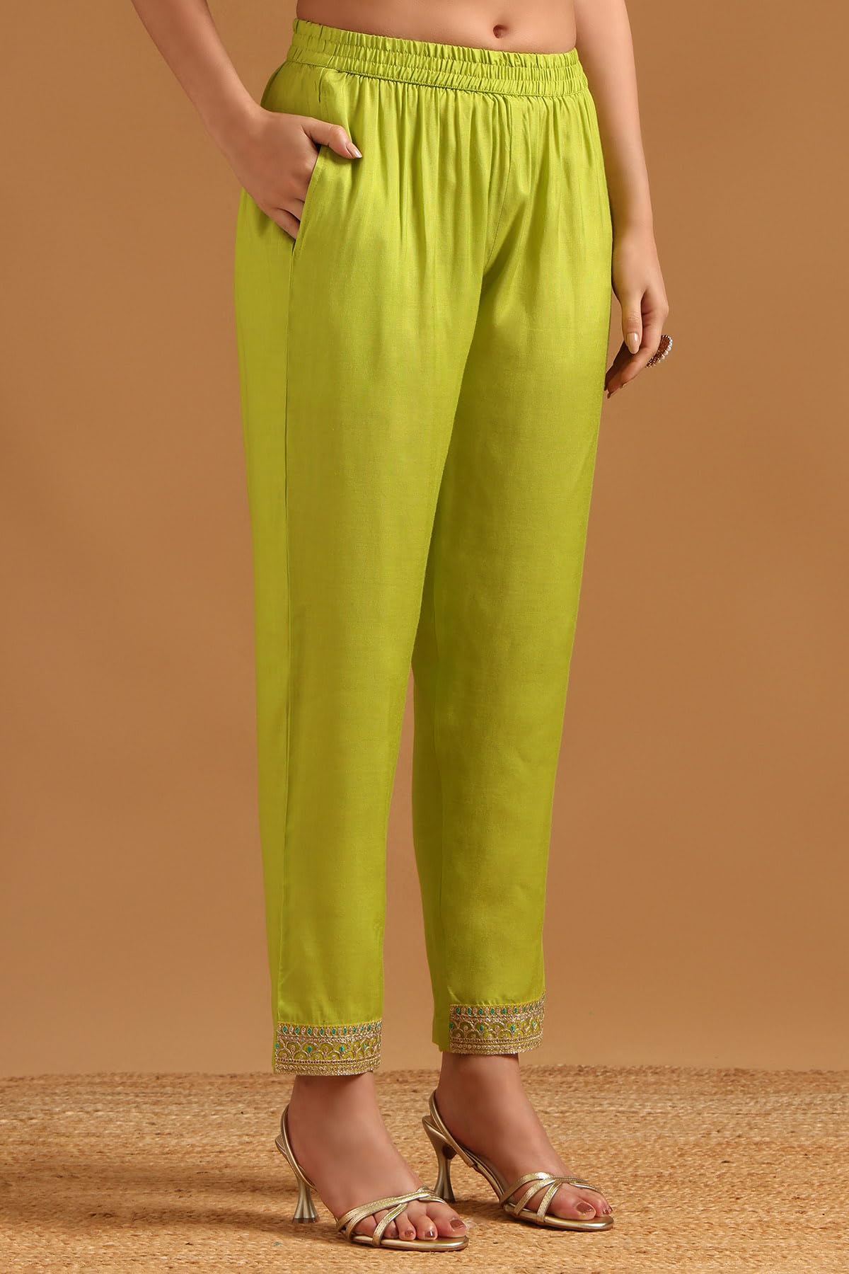 Soch Womens Green Poly Chinon Bandhani Salwar Suit With Sequence Work