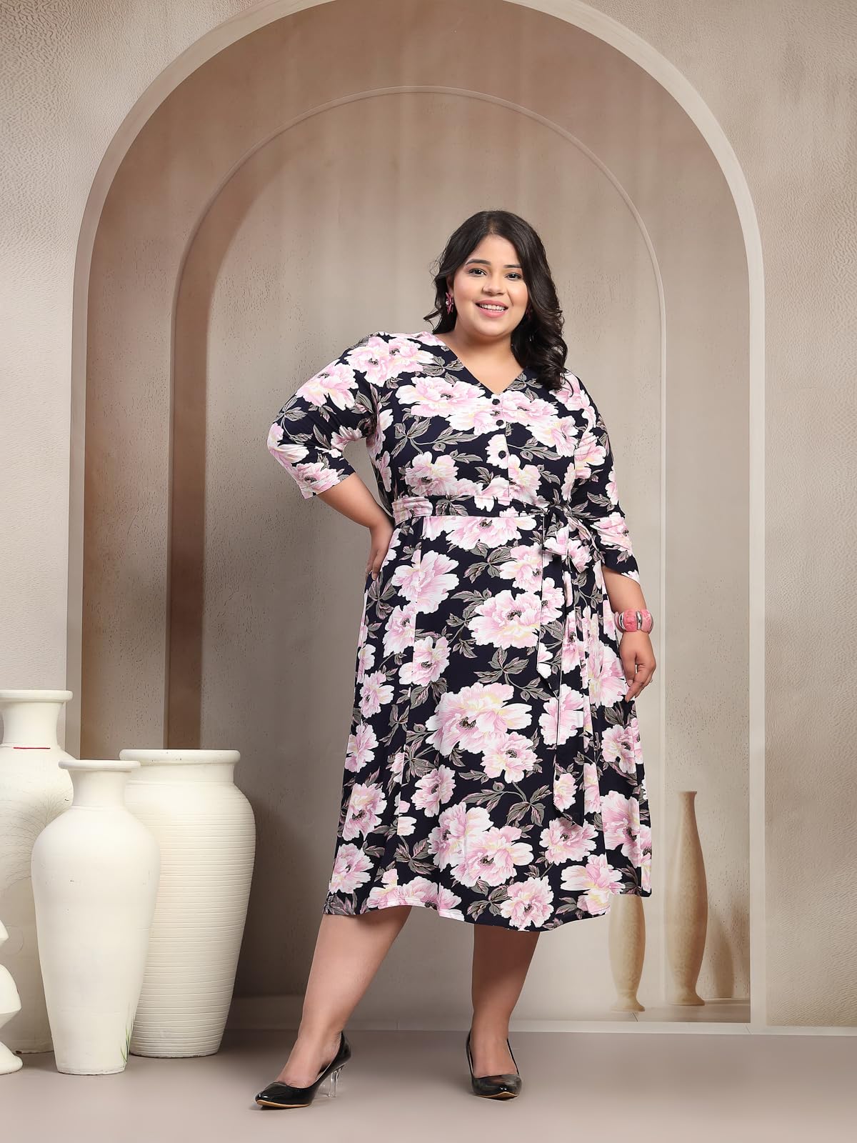 Women Plus Size Floral Print Puff Sleeve Maxi Dress (LDR20244-NAVYPINKFLORAL-6XL)