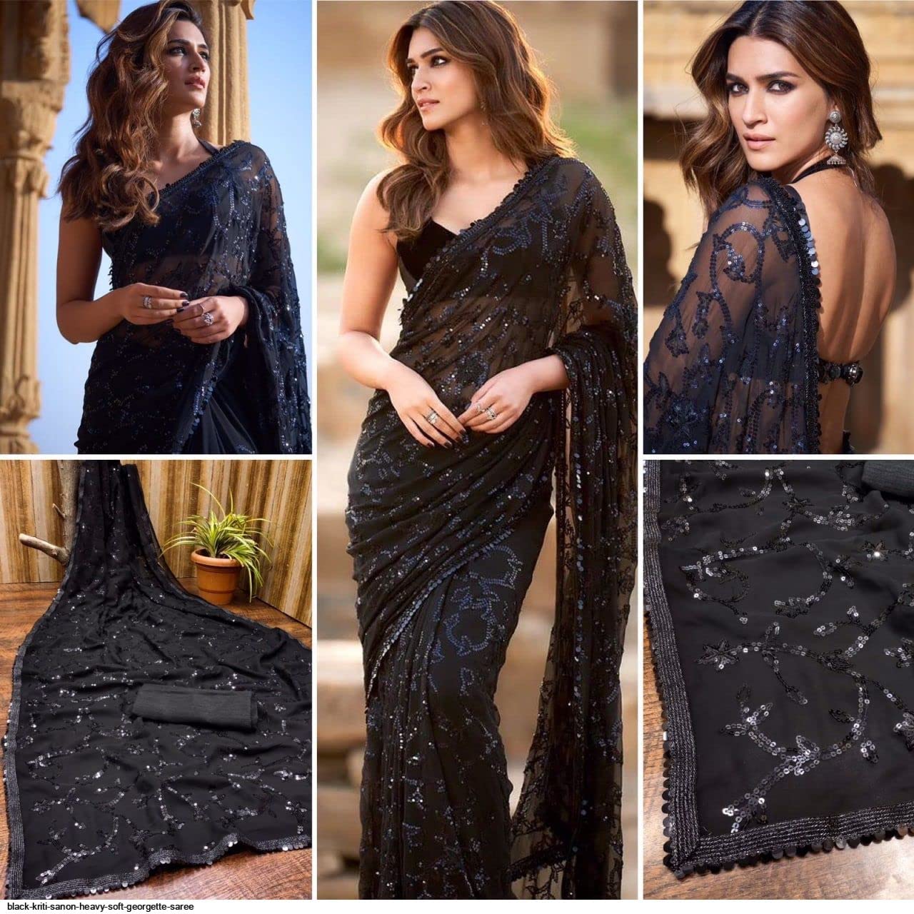 Sidhidata Women's Sequence Work Georgette Saree With Blouse Piece (Kriti Sequence Black_Black_Free Size)