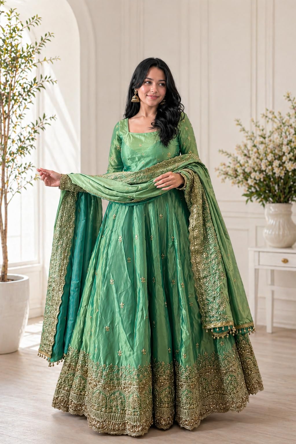 Women’s Embroidered Green Anarkali Dress with Dupatta