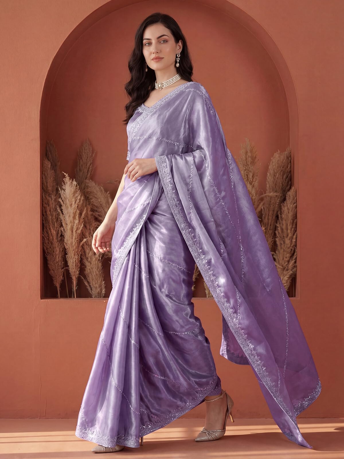 SIRIL Women's Tissue Silk Sequin Embroidery Saree with Unstitched Blouse Piece (4472S111A_Dusty Light Purple)