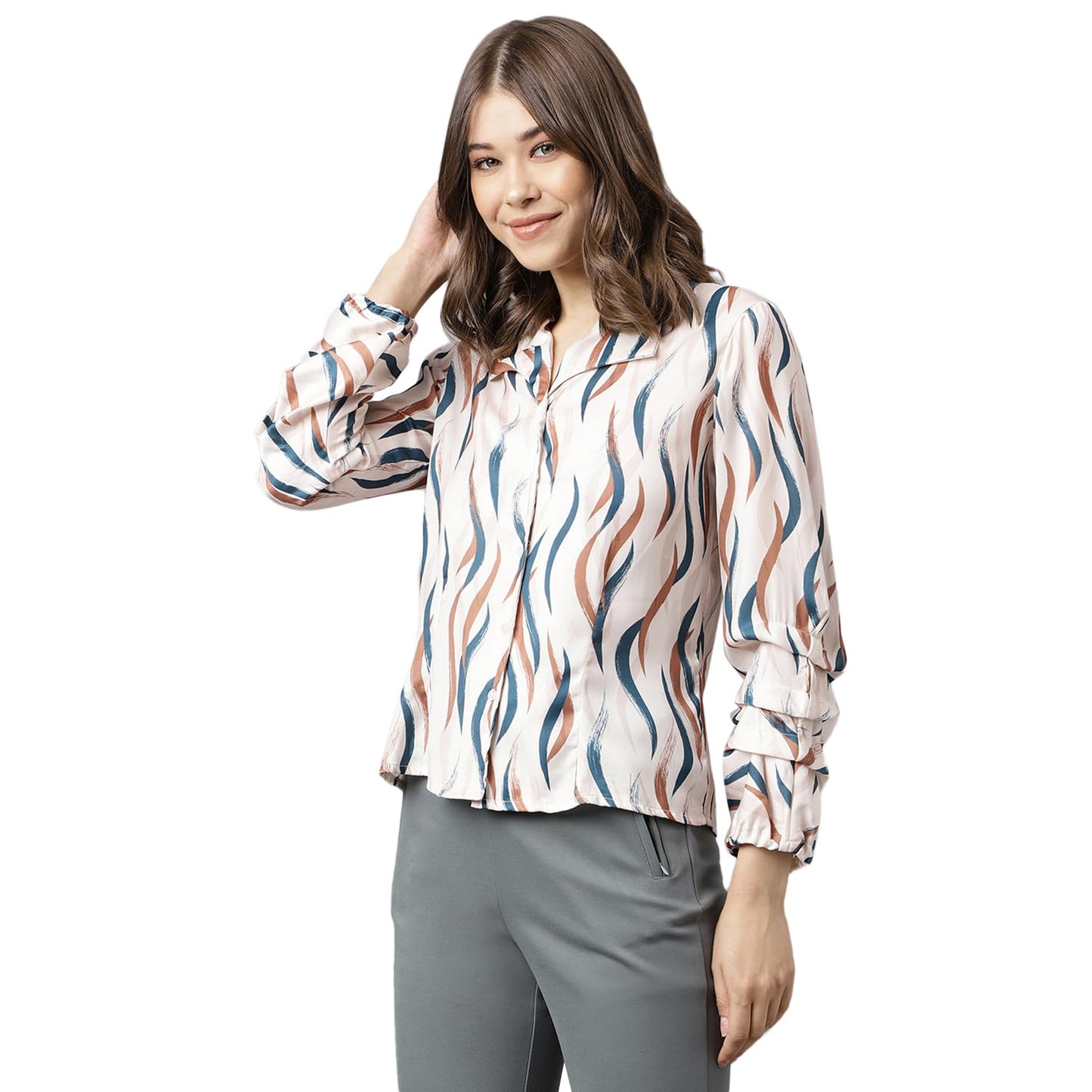 Latin Quarters Women Collar Neck Full Sleeve Printed Top Beige