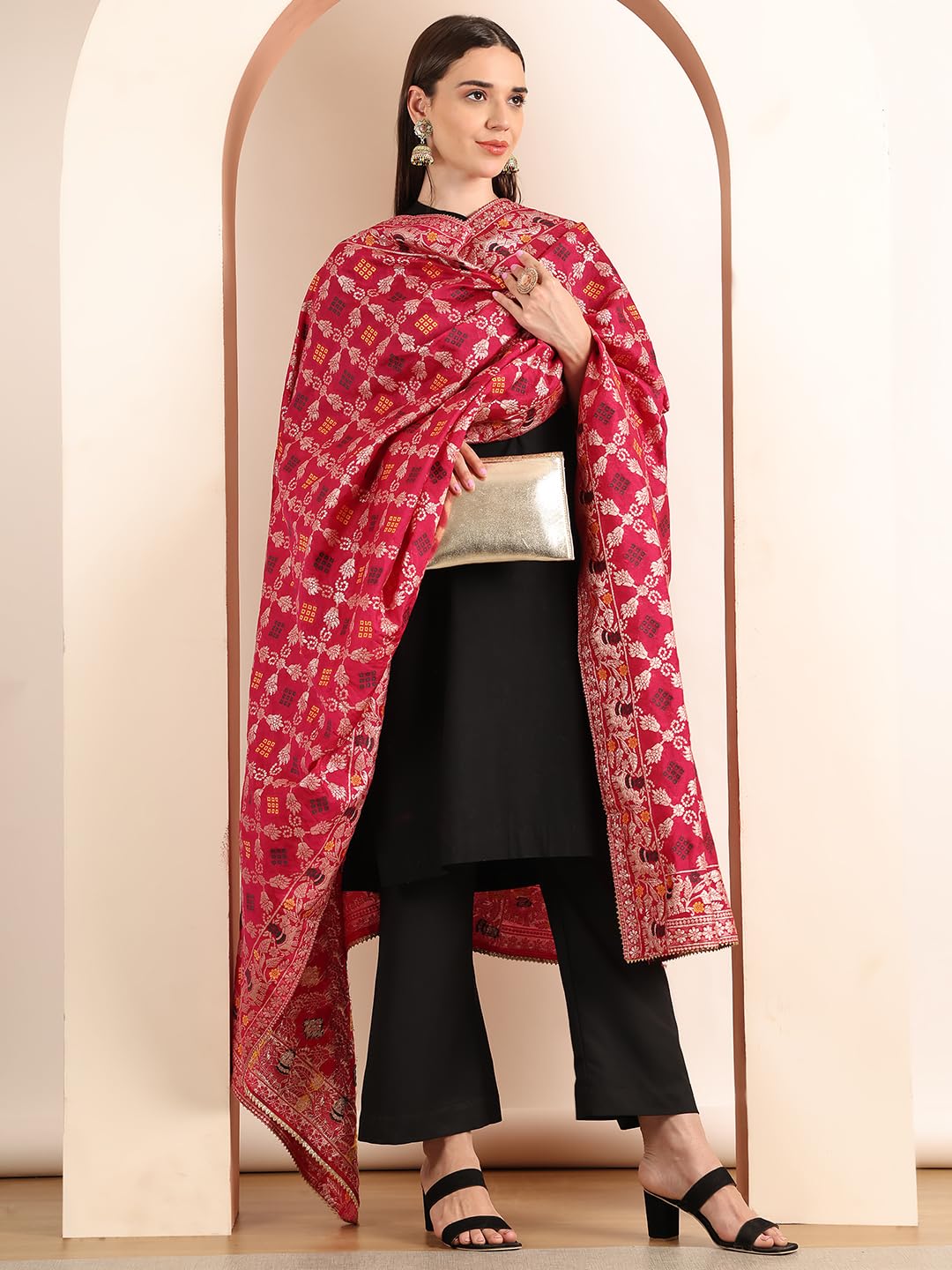 JABAMA Women's Banarasi Silk Bandhej Dupatta | Hand Tie-Dye Traditional Ethnic Dupatta